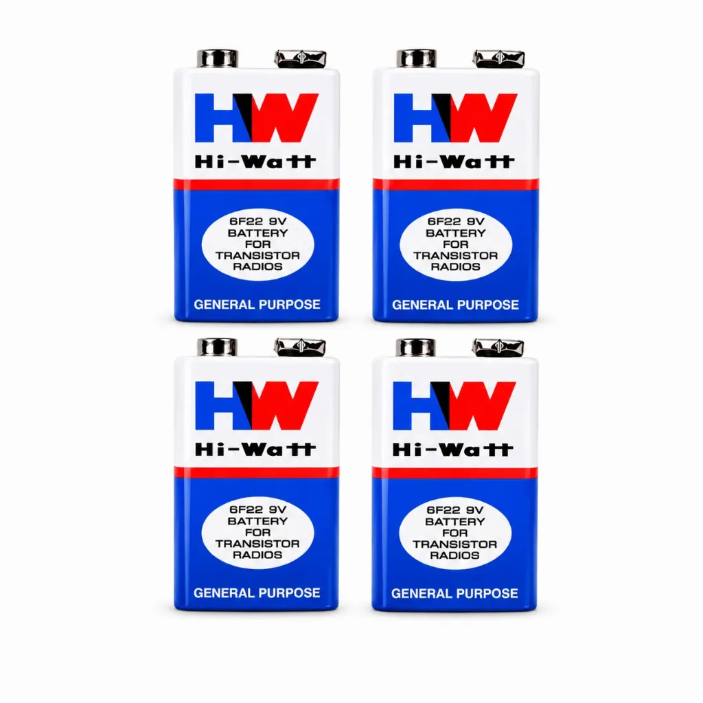 HW Hi-Watt 9V Battery 4-Pack – 6F22 General Purpose 9-Volt Heavy Duty Batteries for Transistor Radios, Smoke Detectors, Multimeters, and Everyday Electronics